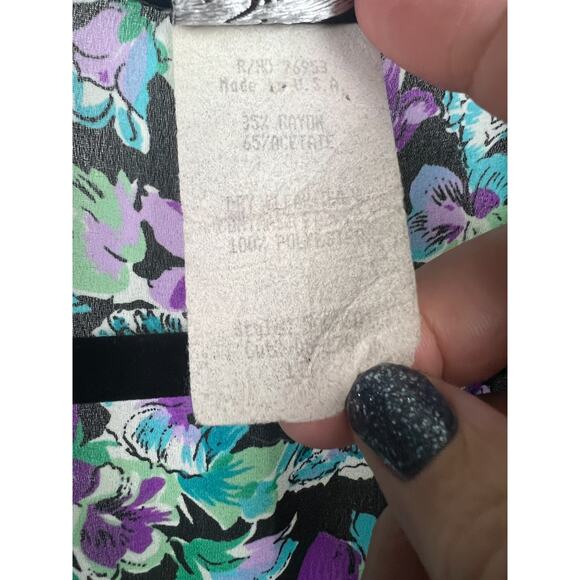 90s chiffon floral patchwork polka dot romper set long sleeve XL Black Blue - Picture 5 of 8